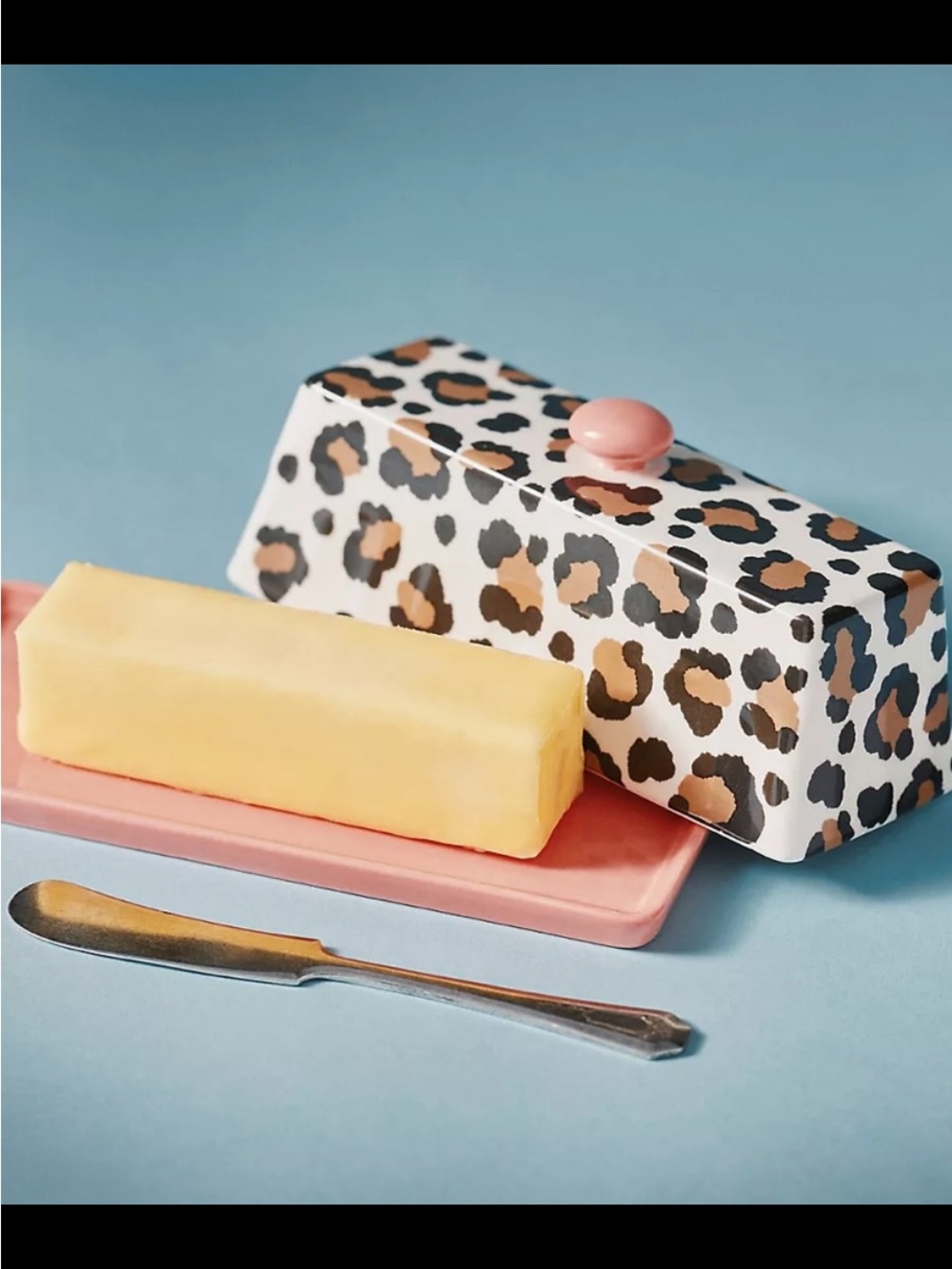 Anthropologie Leopard Print Ceramic Butter Dish with Pink Accent